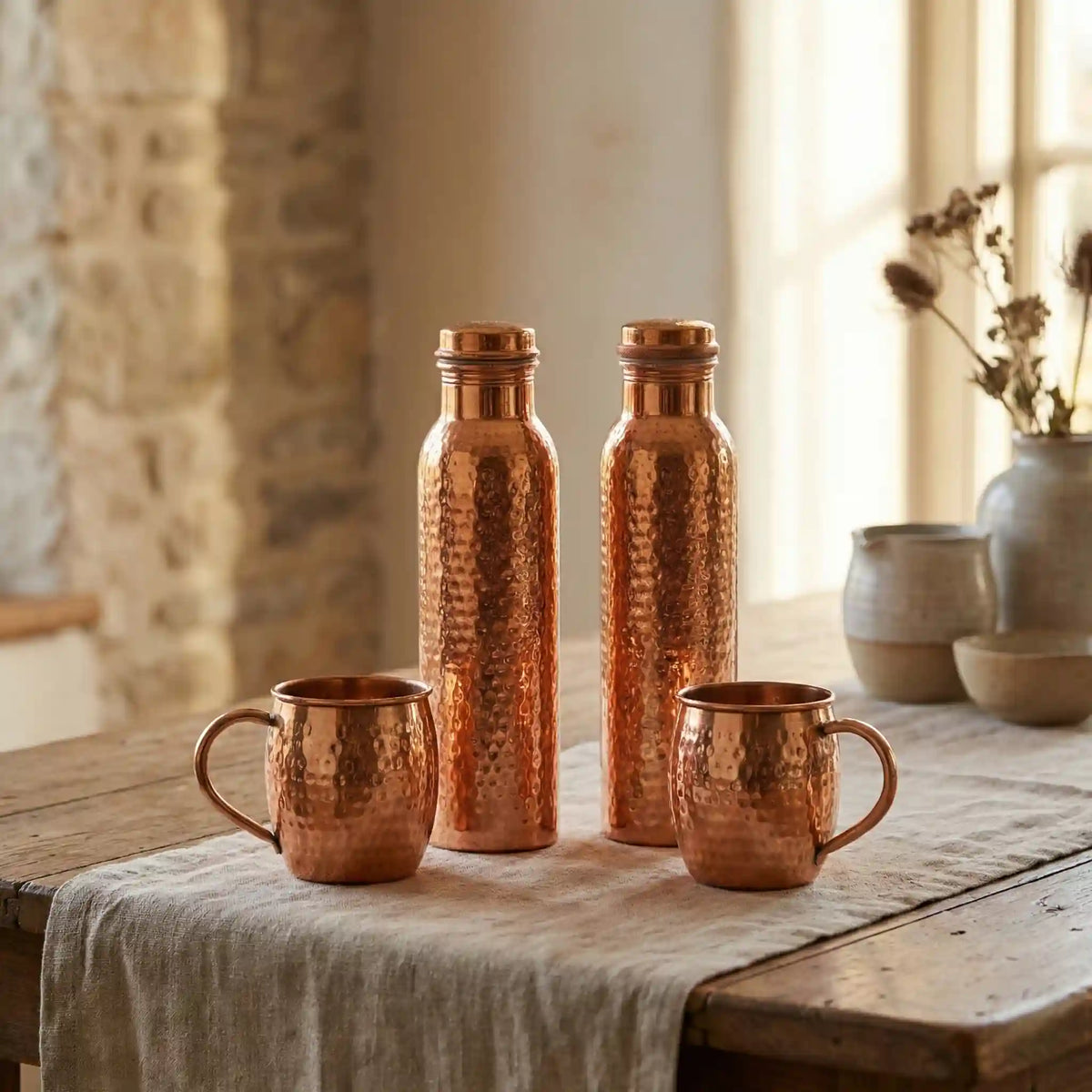 Artisan Hammered Copper Bottle & Mule Mug Set