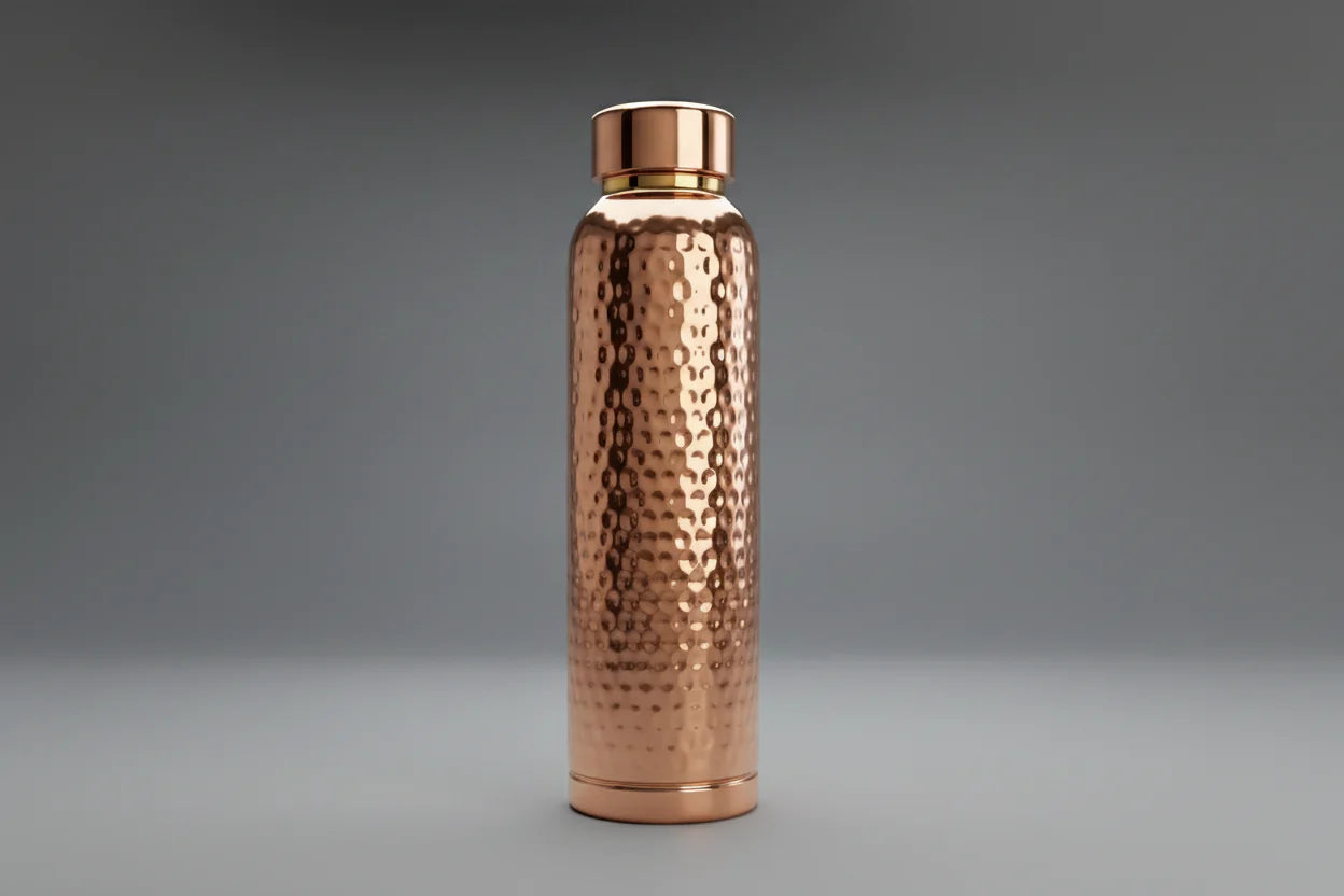 Luxury Cupreva copper water bottle in premium studio lighting highlighting elegant design and finish