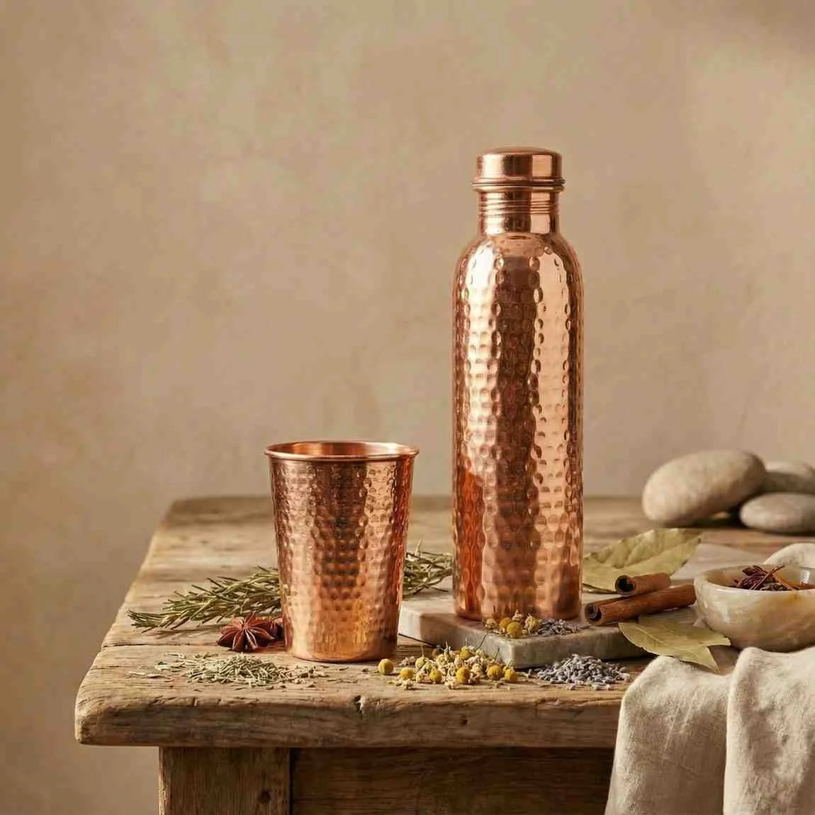 Hammered Pure Copper Water Bottle & Tumbler Gift Set