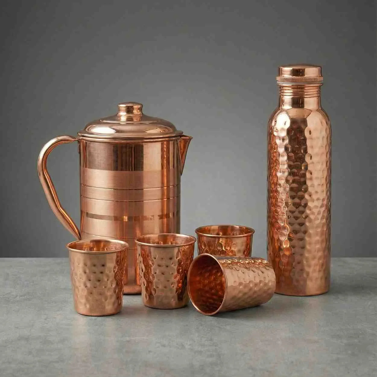 Pure Copper Drinkware Set | Jug, Bottle & 4 Glasses