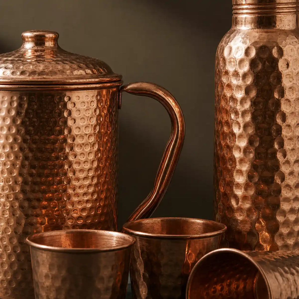 Pure Copper Drinkware Set | Jug, Bottle & 4 Glasses