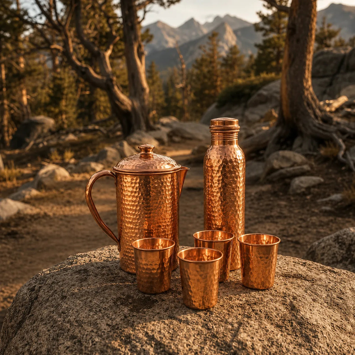 Pure Copper Drinkware Set | Jug, Bottle & 4 Glasses
