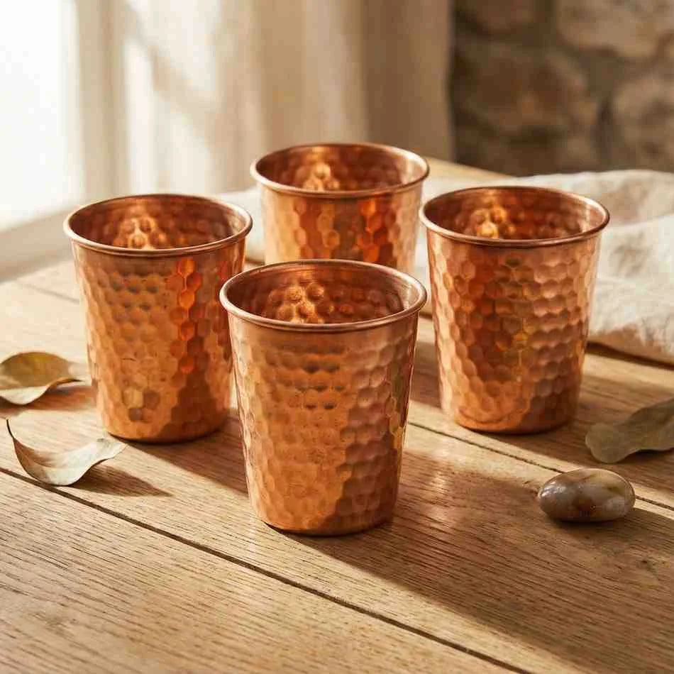 Hammered Copper Glass Set of 4 | Pure Copper Drinkware