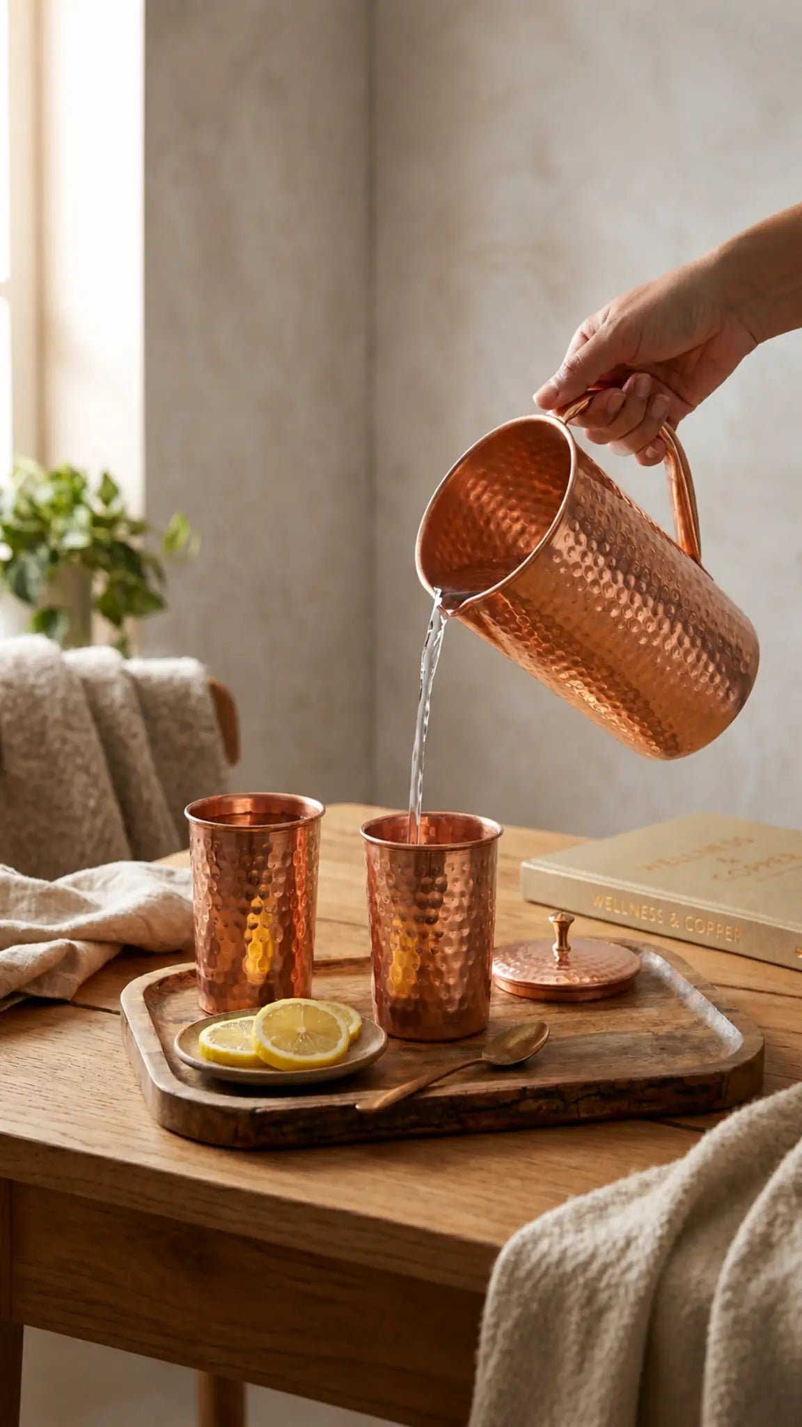 Hammered Pure Copper Water Jug & Glass Set (1 Jug + 2 Glasses) – Ayurvedic Drinkware