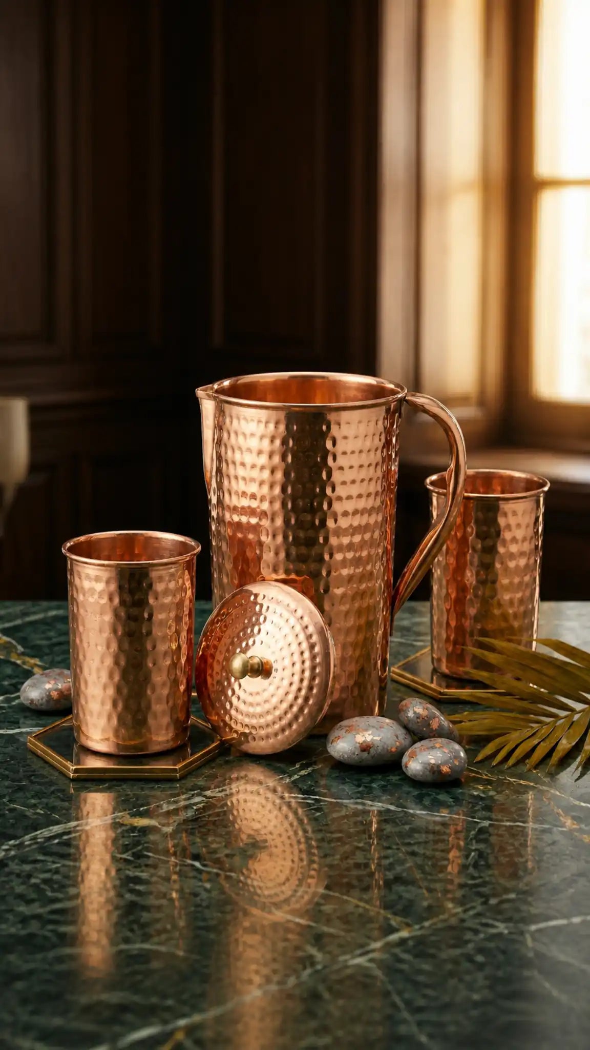 Hammered Pure Copper Water Jug & Glass Set (1 Jug + 2 Glasses) – Ayurvedic Drinkware